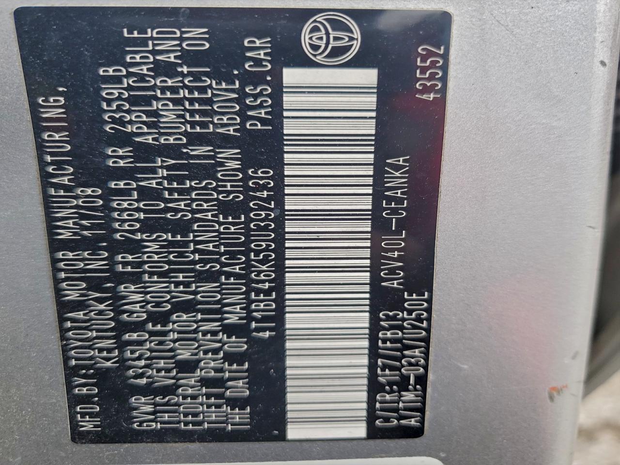 2009 TOYOTA CAMRY LE photo 37