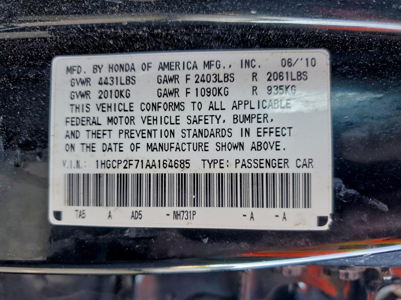 2010 HONDA ACCORD EX photo 12
