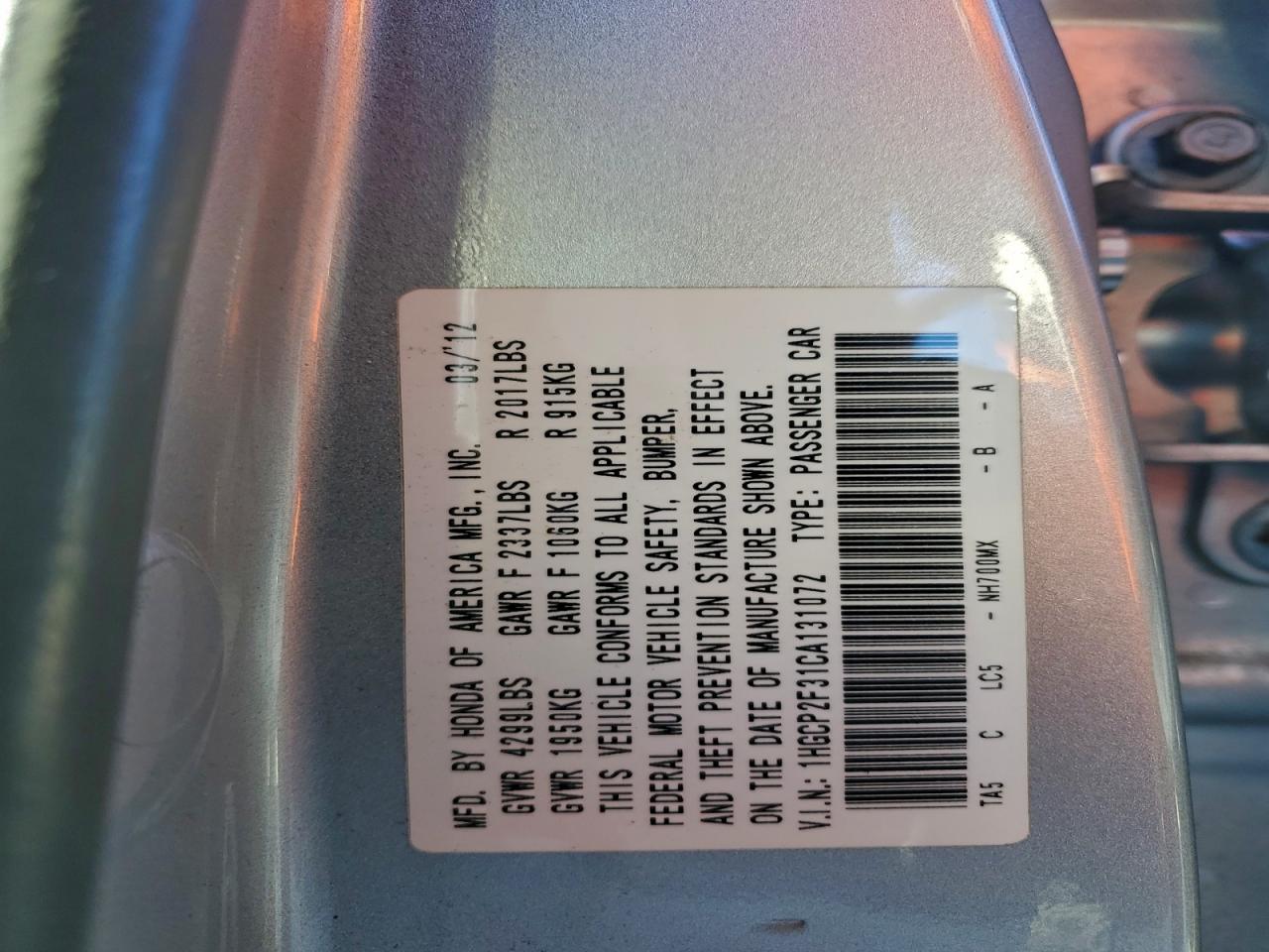 2012 HONDA ACCORD LX photo 12