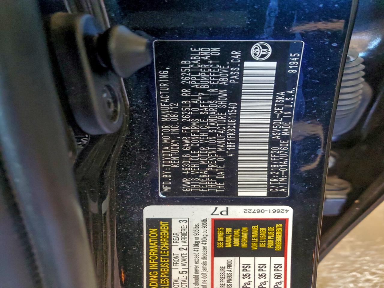 2012 TOYOTA CAMRY BASE photo 13