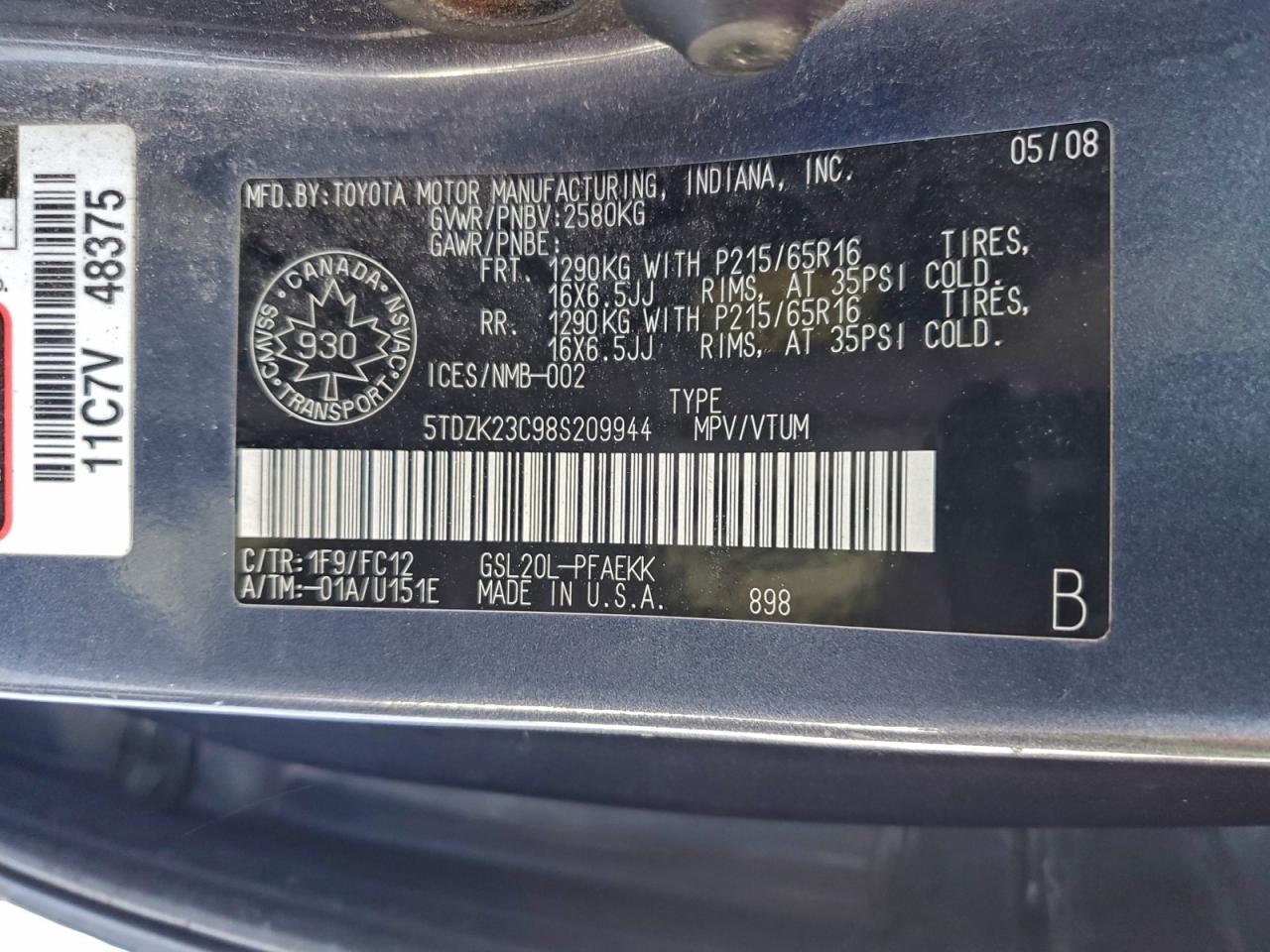 2008 TOYOTA SIENNA CE photo 13