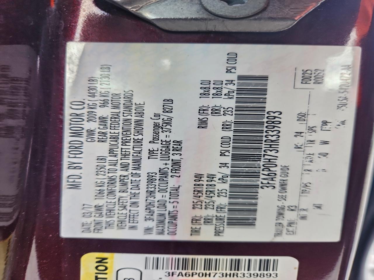 2017 FORD FUSION SE photo 12