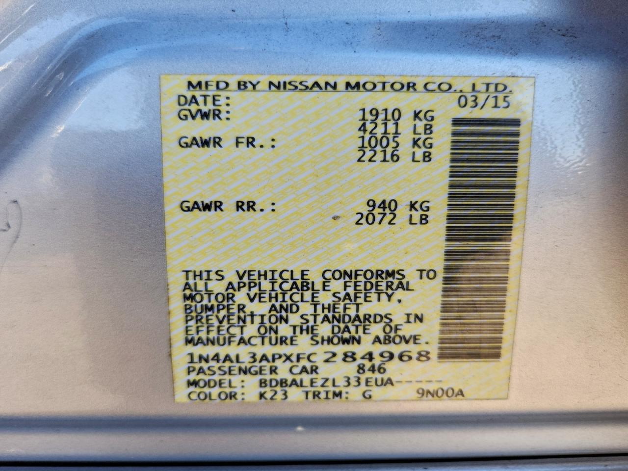 2015 NISSAN ALTIMA 2.5 photo 12