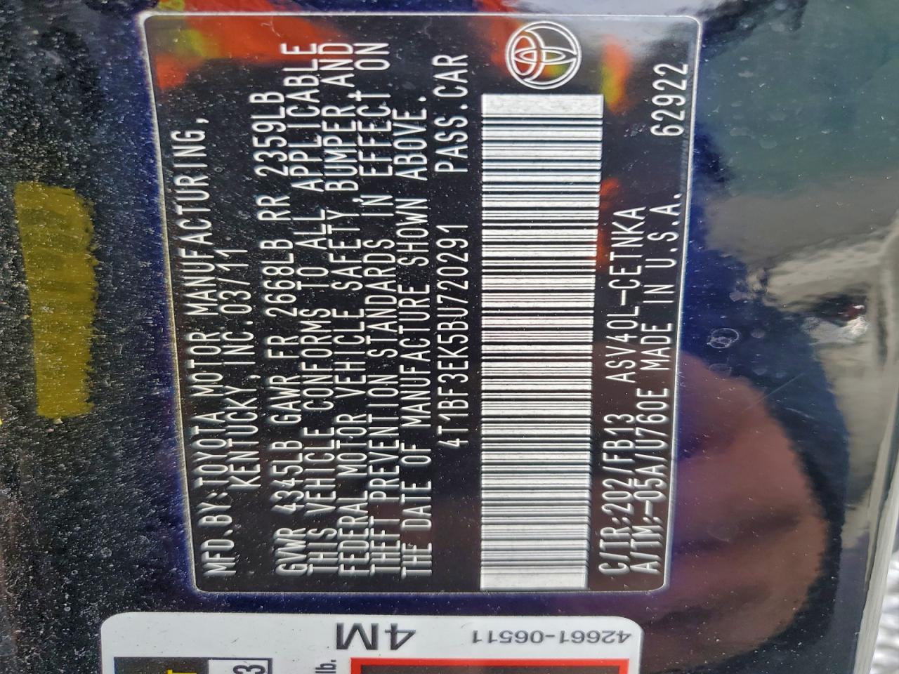 2011 TOYOTA CAMRY BASE photo 12