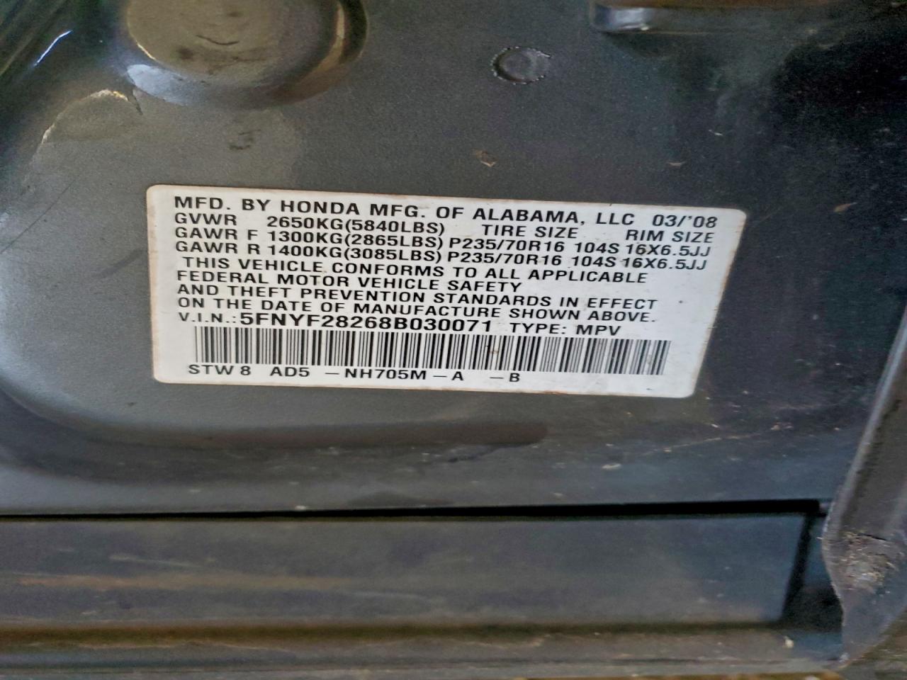 2008 HONDA PILOT VP photo 14