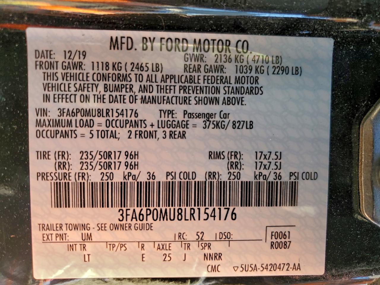 2020 FORD FUSION SEL photo 12
