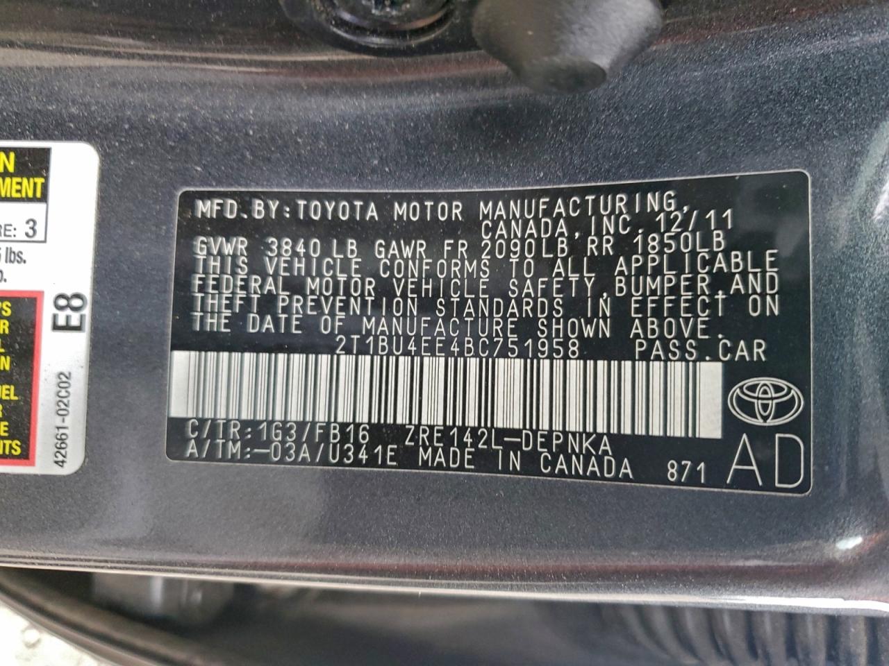 2011 TOYOTA COROLLA BASE photo 12