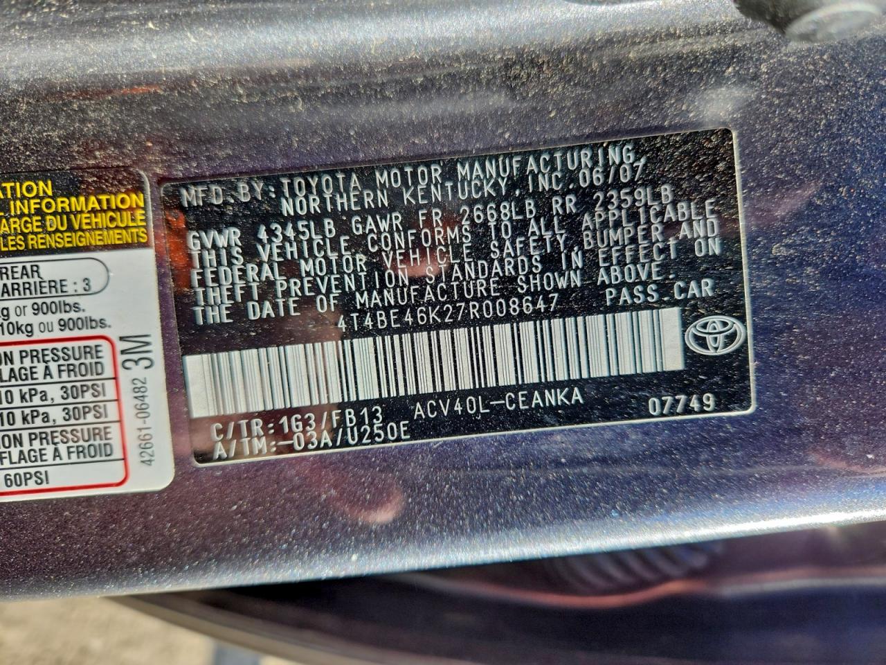 2007 TOYOTA CAMRY CE photo 12