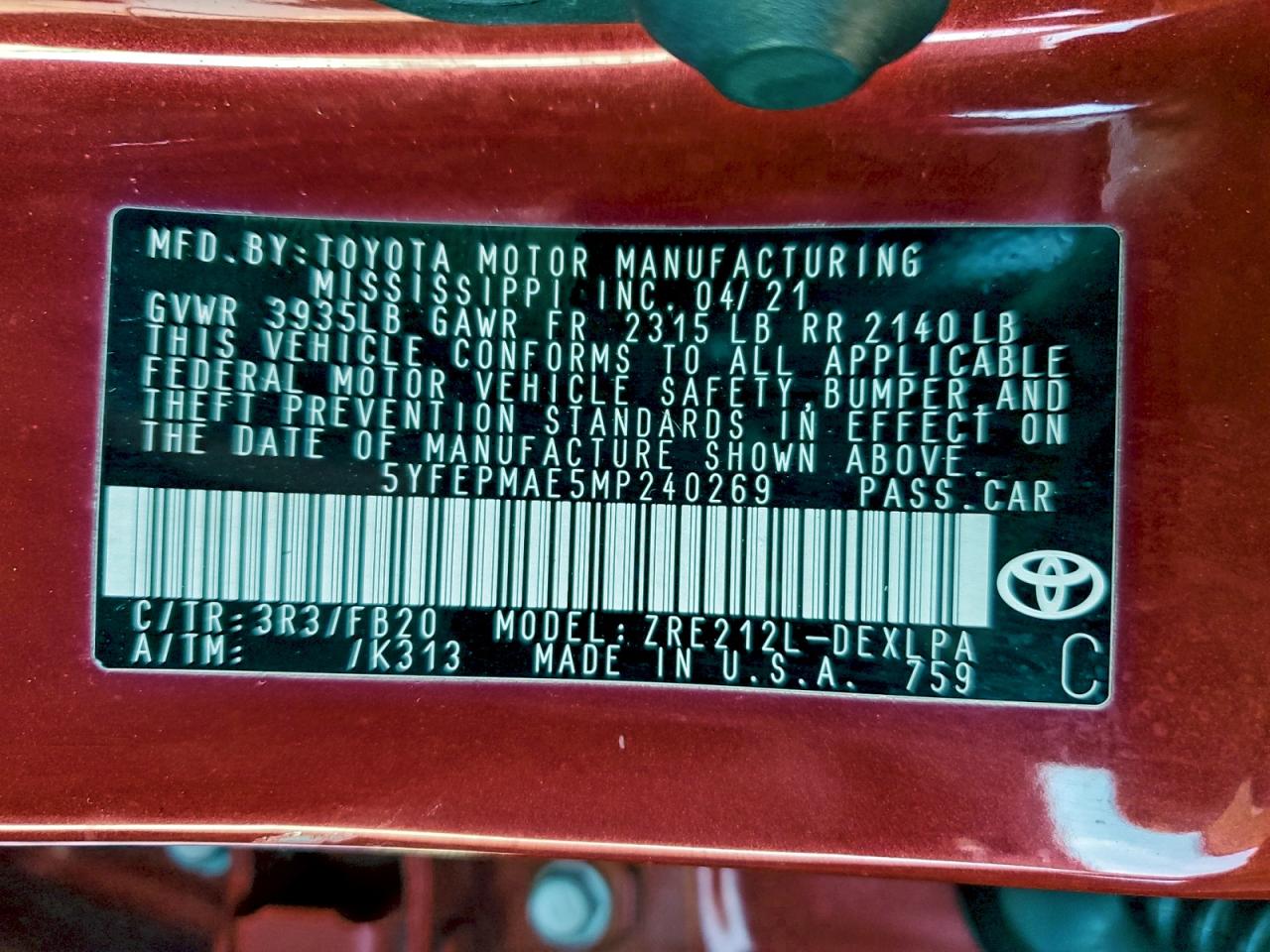 2021 TOYOTA COROLLA LE photo 12