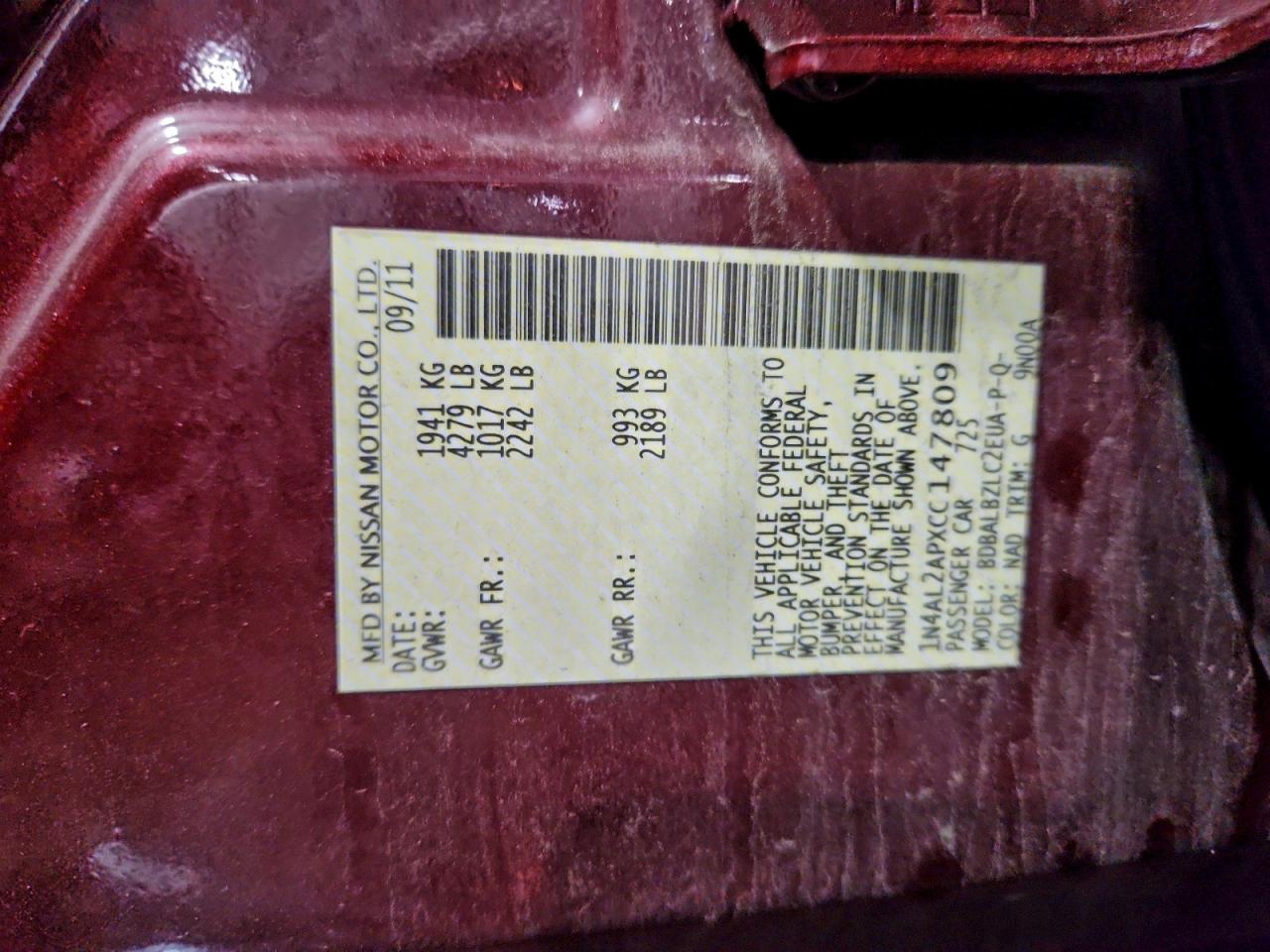 2012 NISSAN ALTIMA BASE photo 13