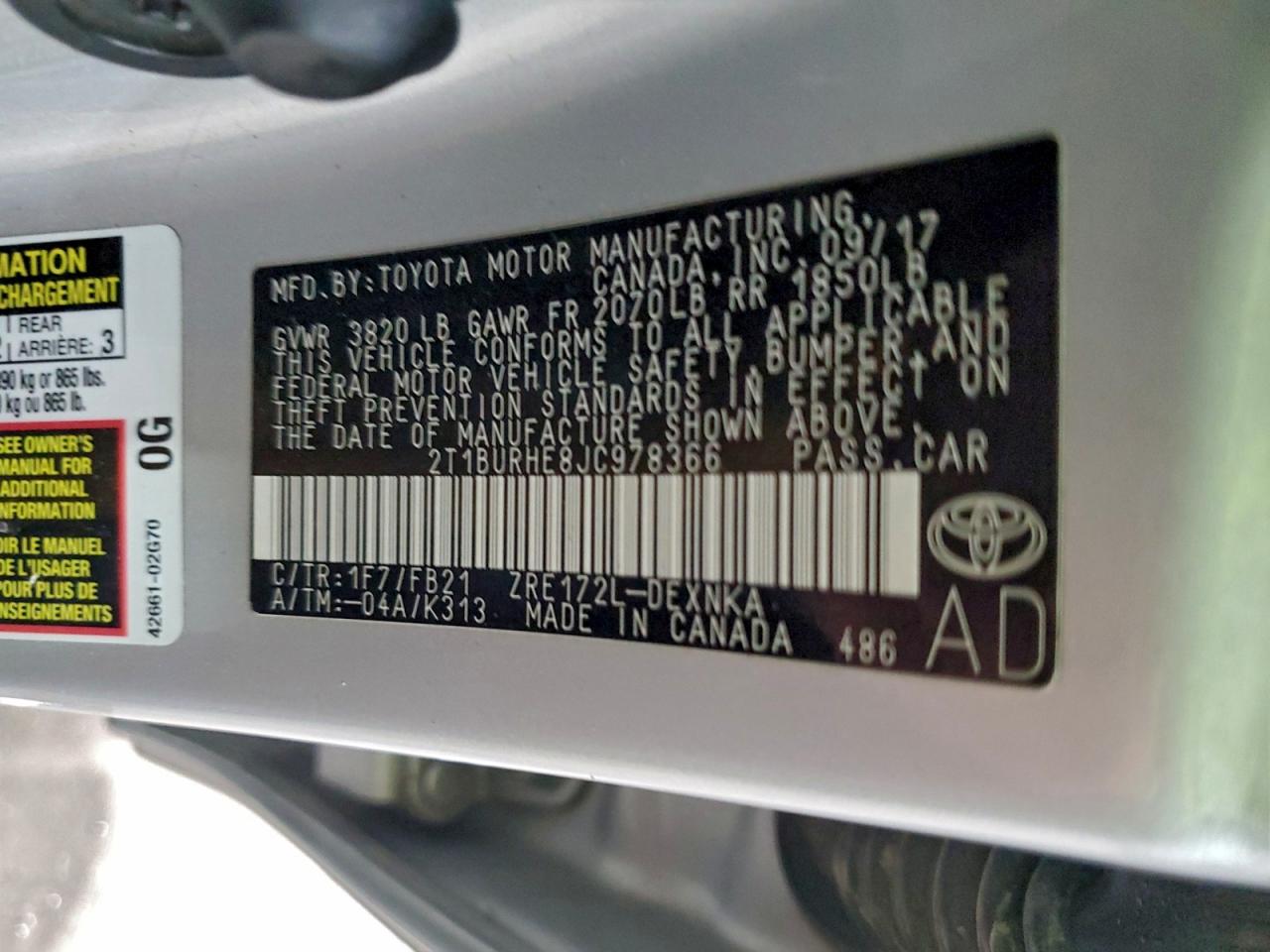 2018 TOYOTA COROLLA L photo 13
