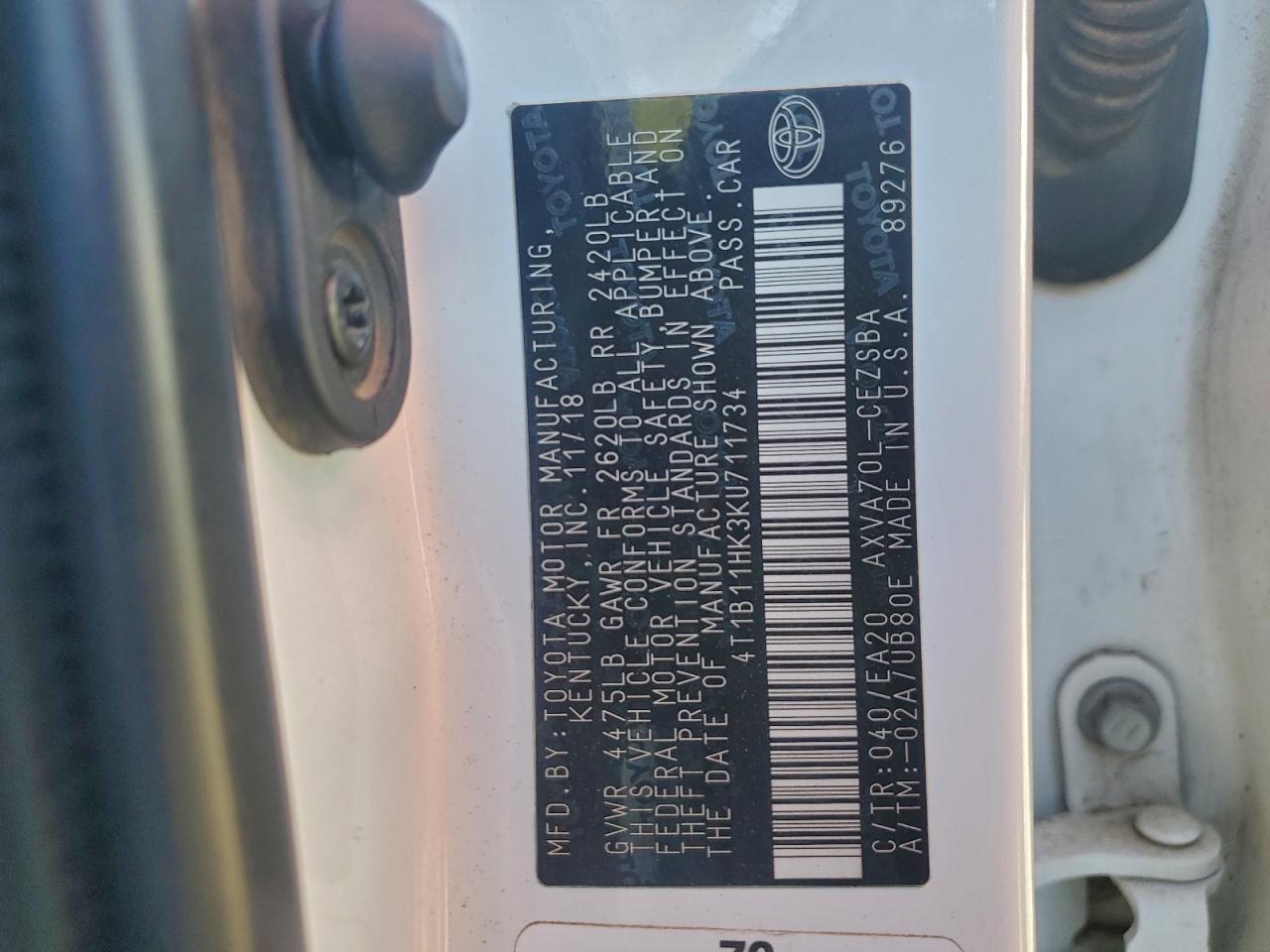 2019 TOYOTA CAMRY L photo 13