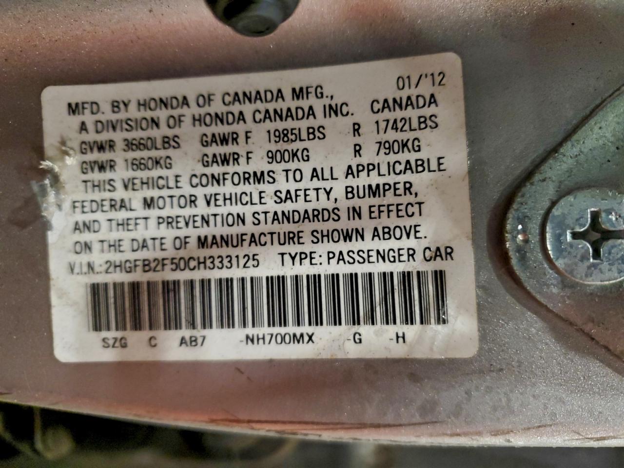 2012 HONDA CIVIC LX photo 12