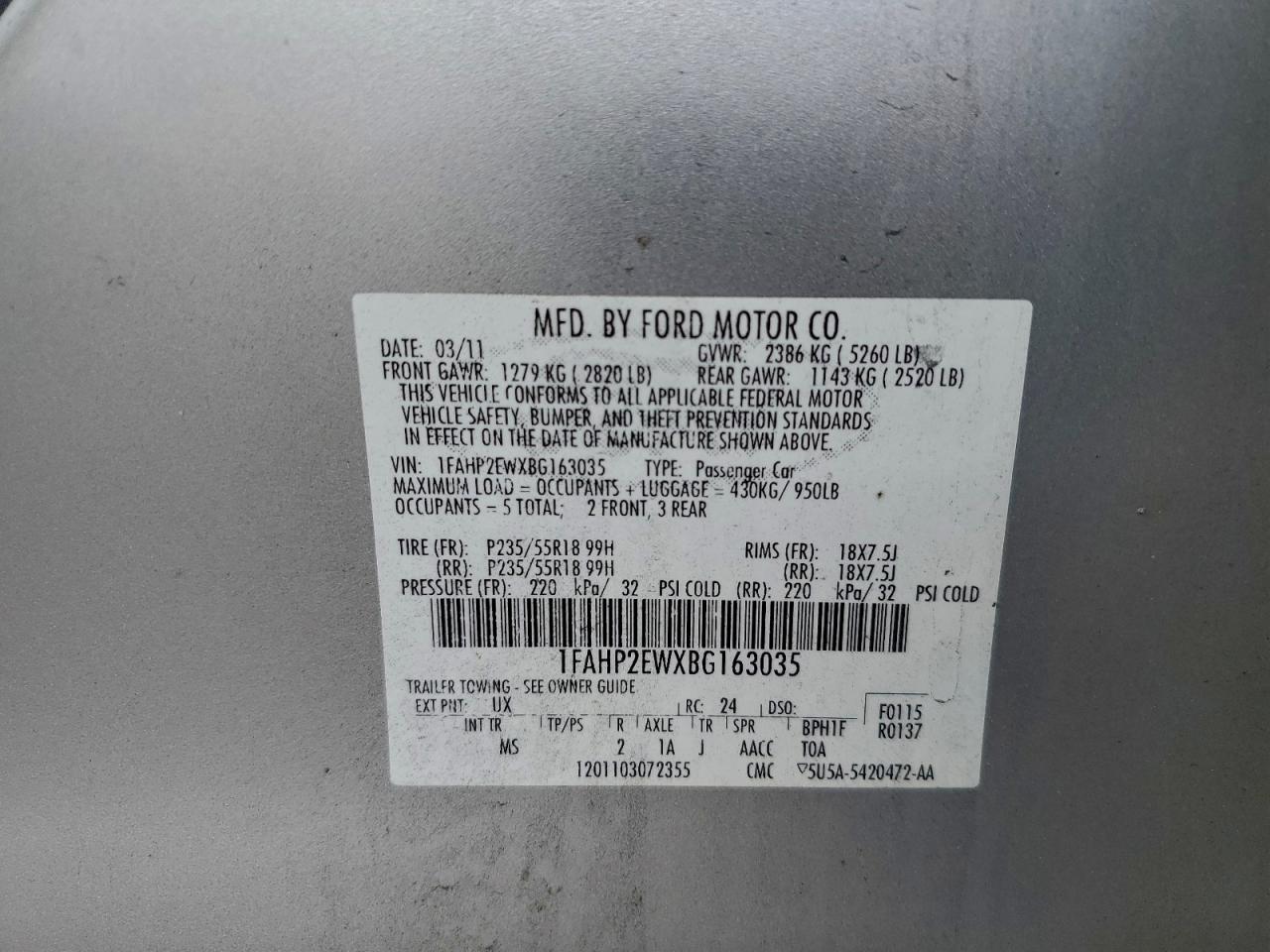 2011 FORD TAURUS SEL photo 12