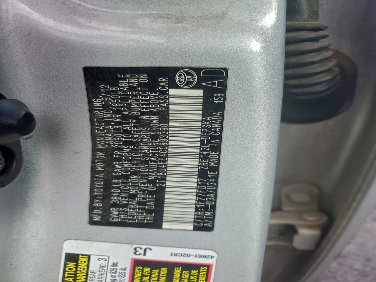 2012 TOYOTA COROLLA BASE photo 12