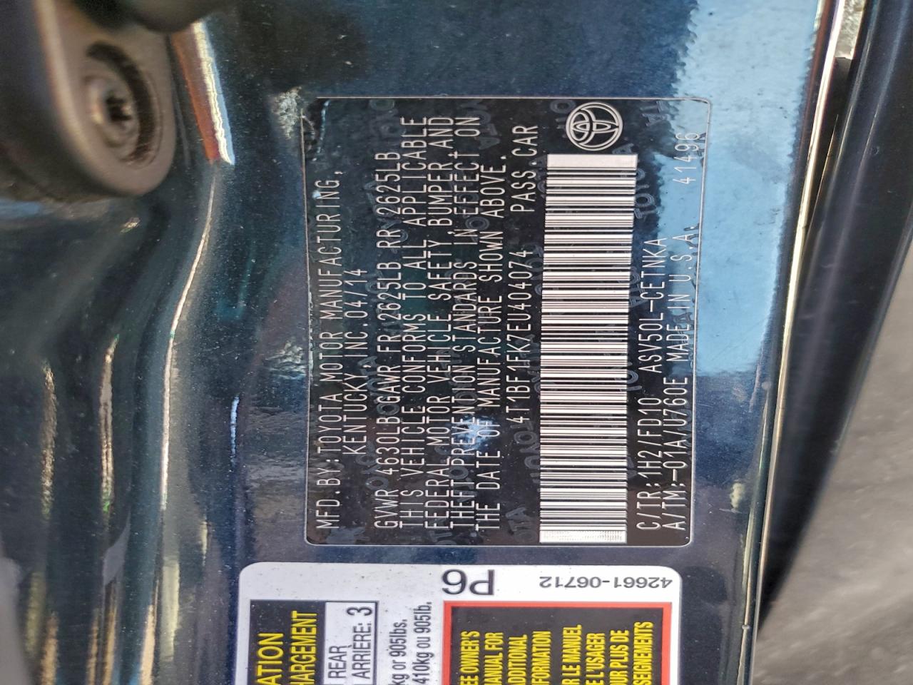 2014 TOYOTA CAMRY L photo 12