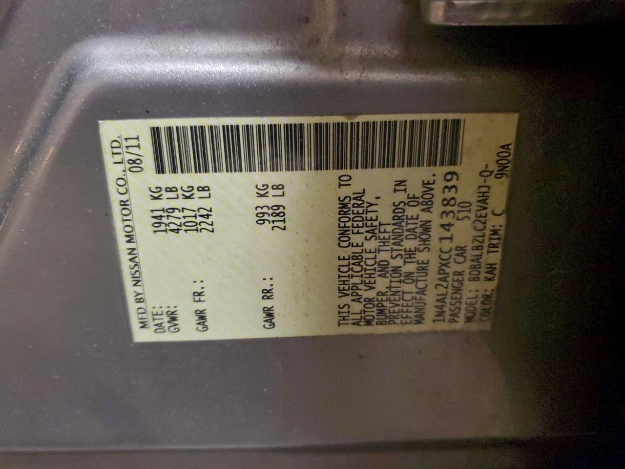 2012 NISSAN ALTIMA BASE photo 12