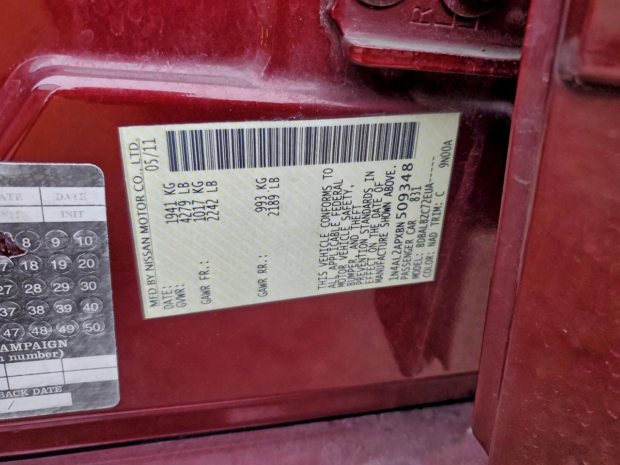 2011 NISSAN ALTIMA BASE photo 12
