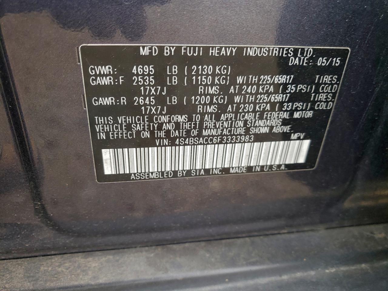 2015 SUBARU OUTBACK 2.5I PREMIUM photo 13