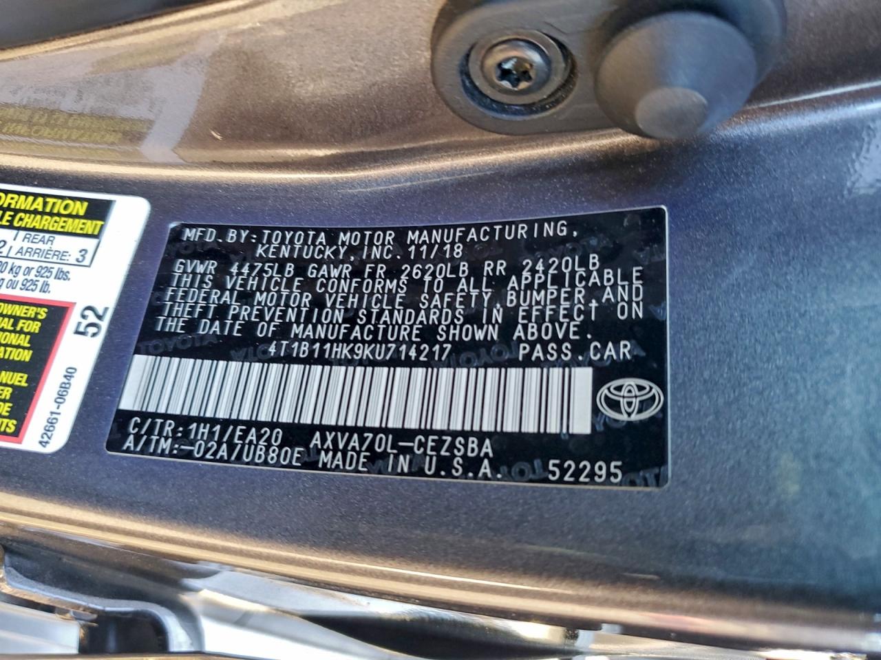 2019 TOYOTA CAMRY L photo 12