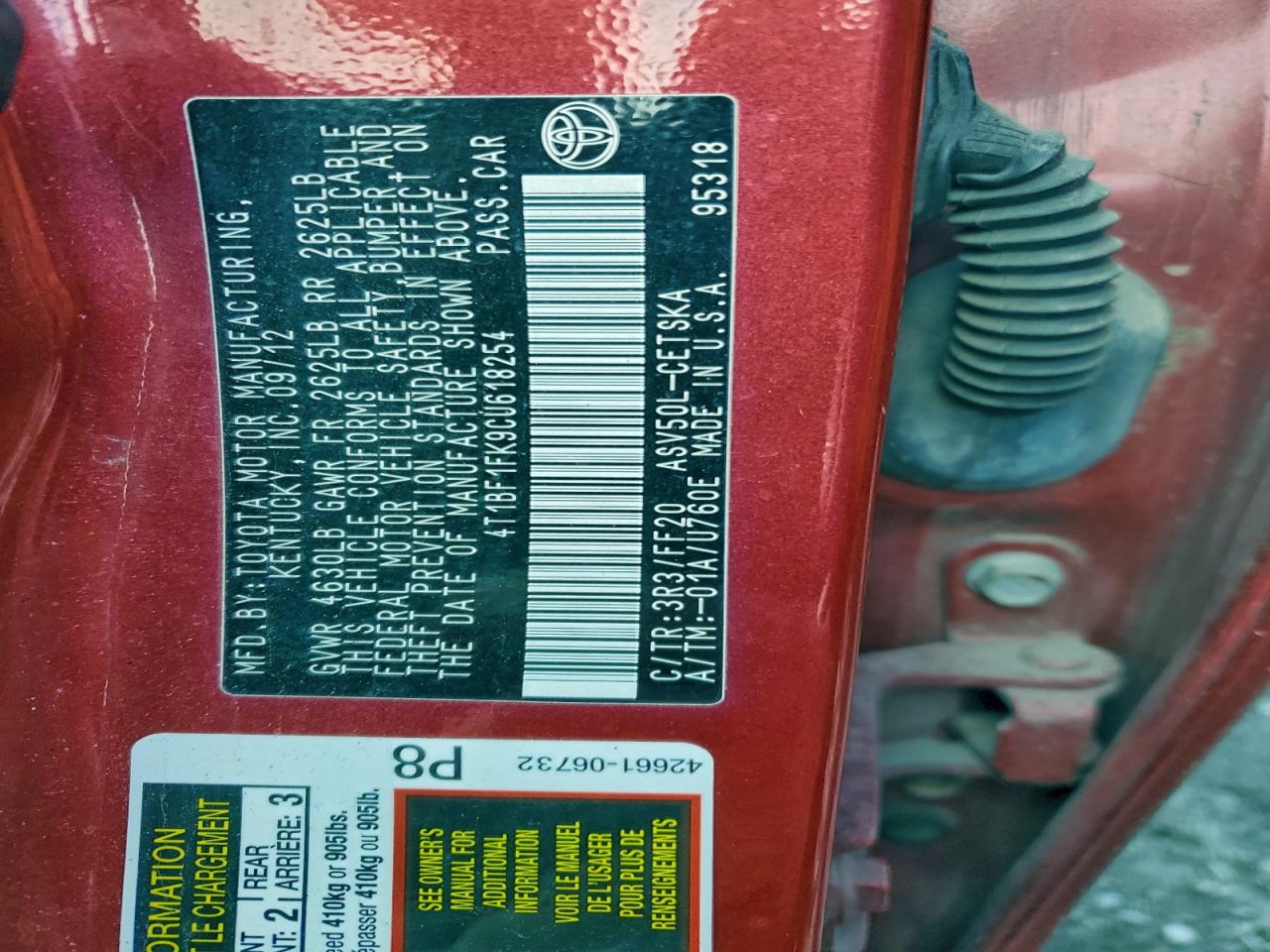 2012 TOYOTA CAMRY BASE photo 12