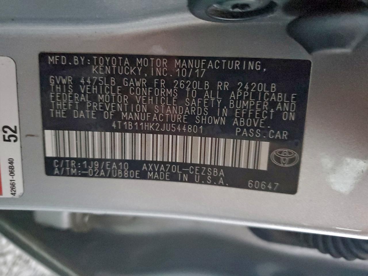 2018 TOYOTA CAMRY L photo 12