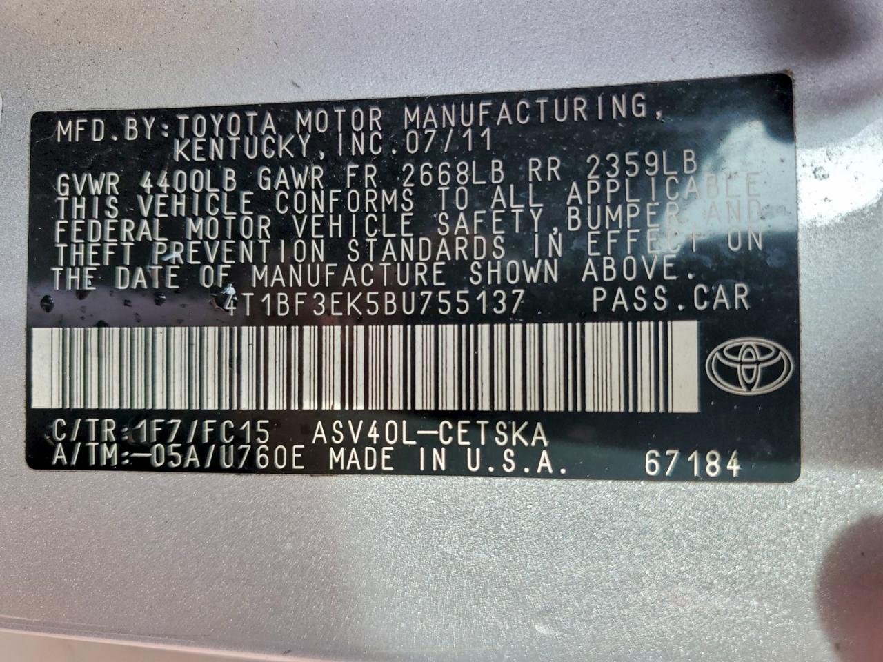 2011 TOYOTA CAMRY BASE photo 12
