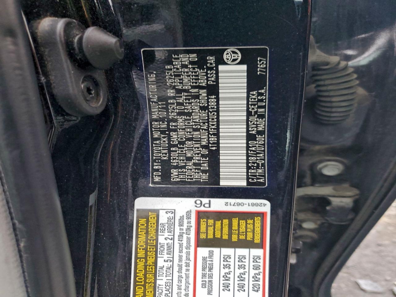 2012 TOYOTA CAMRY BASE photo 12