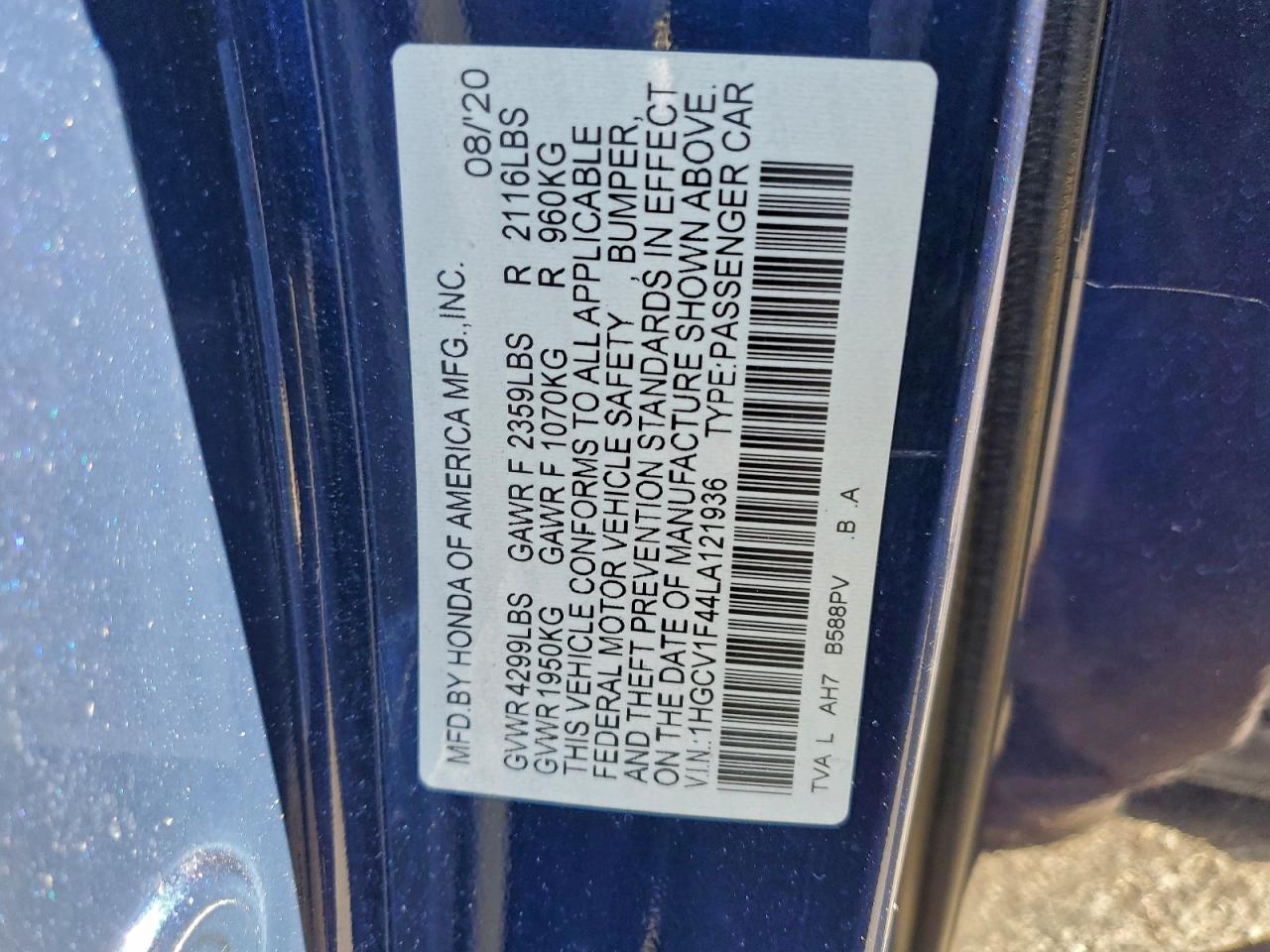 2020 HONDA ACCORD EX photo 13