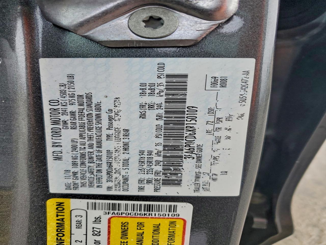 2019 FORD FUSION SEL photo 13