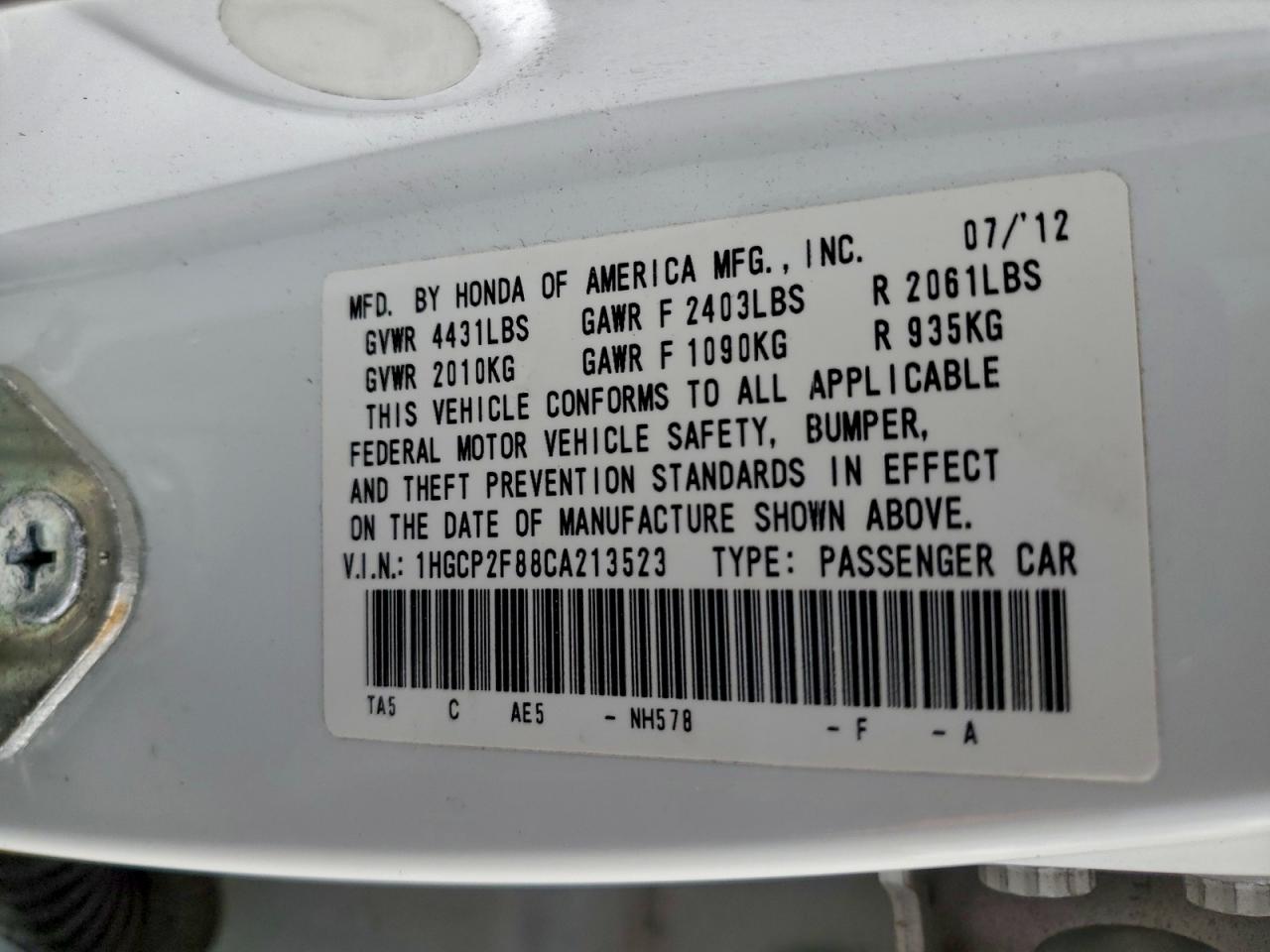 2012 HONDA ACCORD EXL photo 12