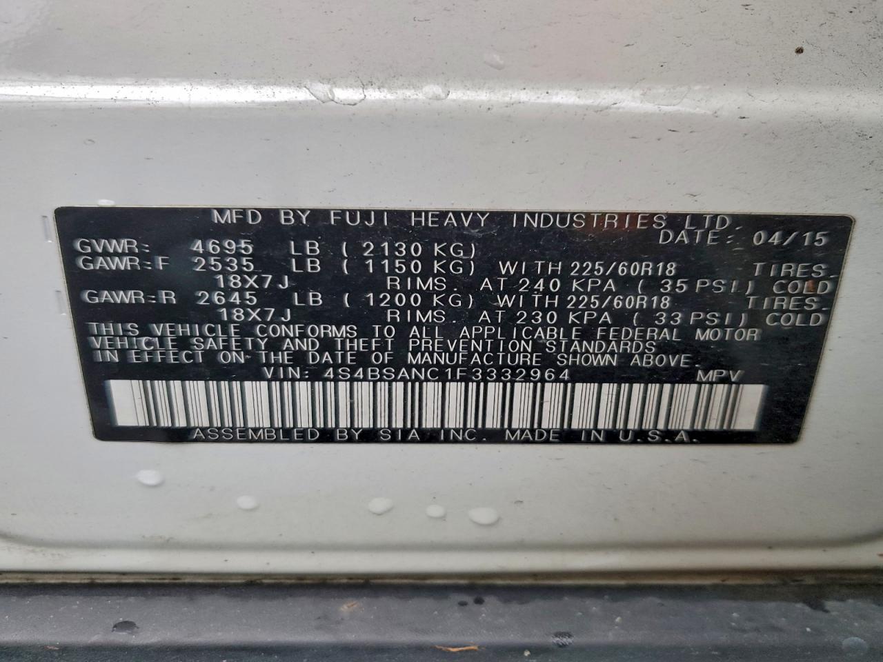 2015 SUBARU OUTBACK 2.5I LIMITED photo 14