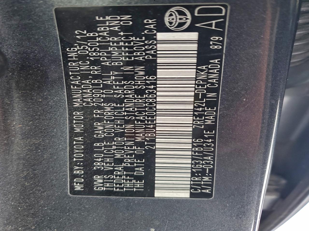 2012 TOYOTA COROLLA BASE photo 13