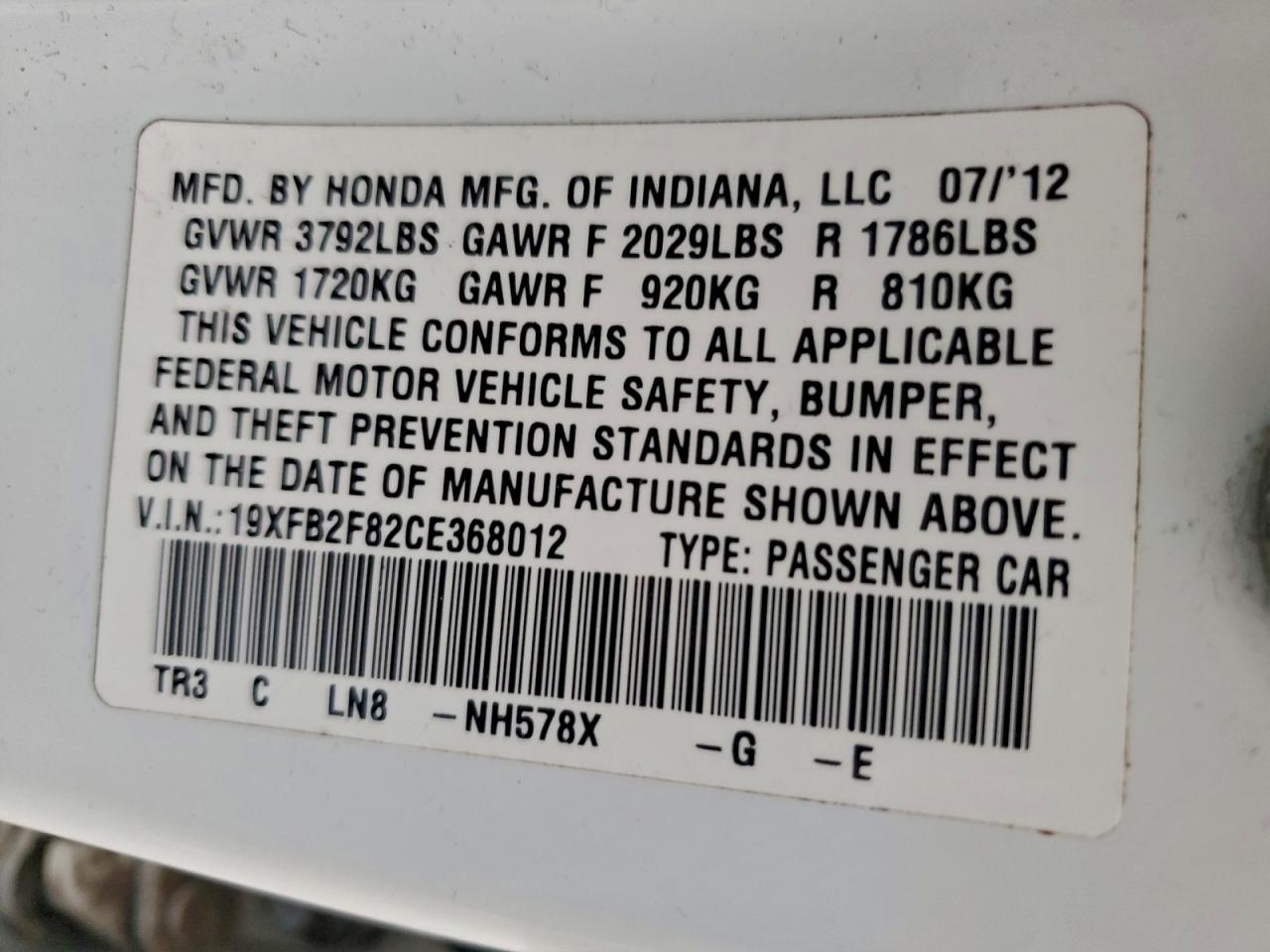 2012 HONDA CIVIC EX photo 12