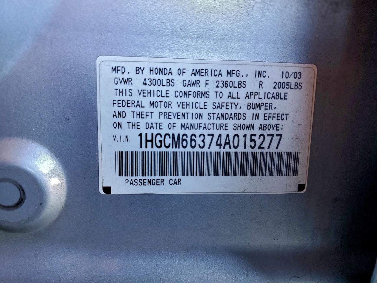 2004 HONDA ACCORD LX photo 12