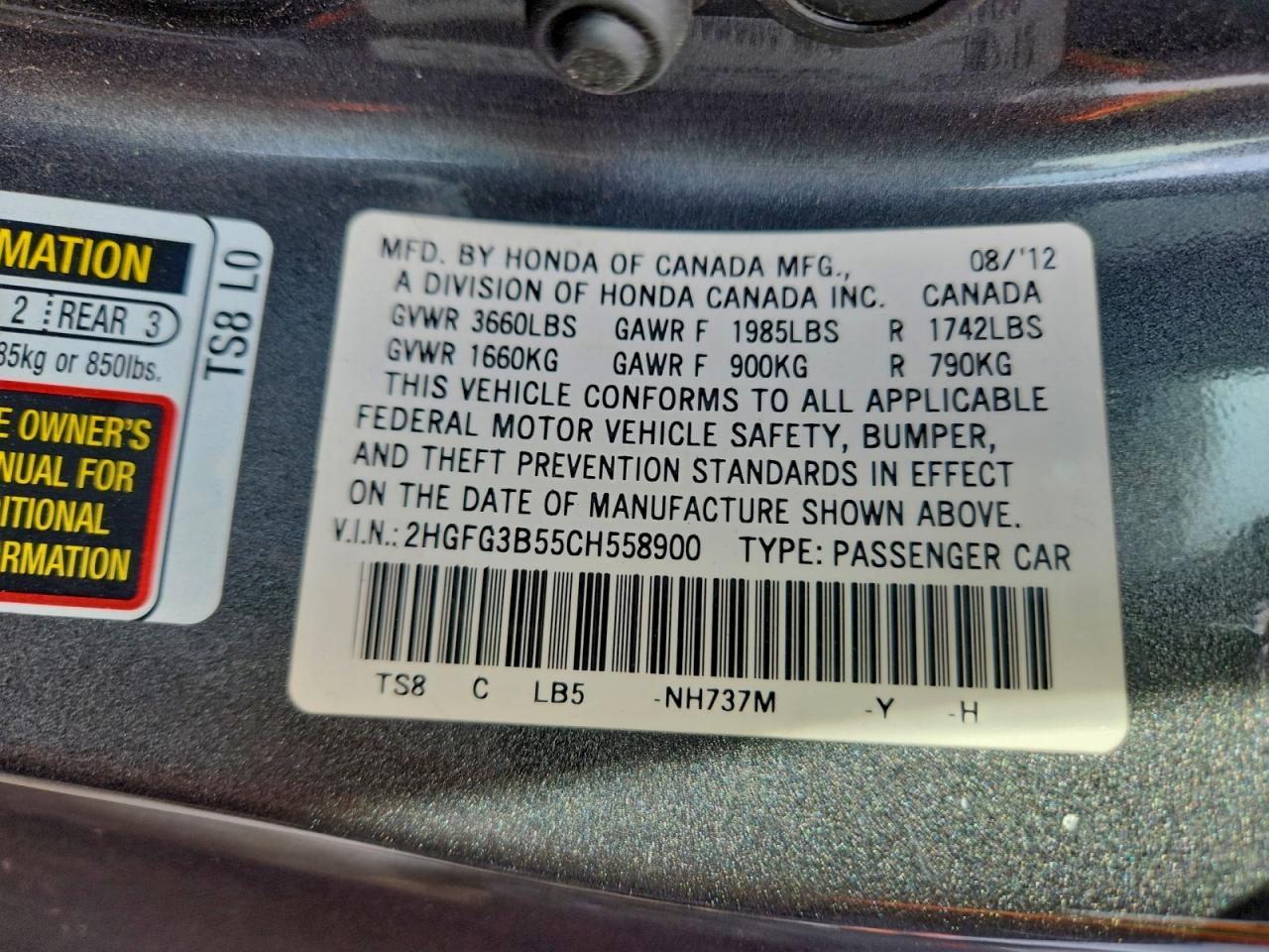 2012 HONDA CIVIC LX photo 12