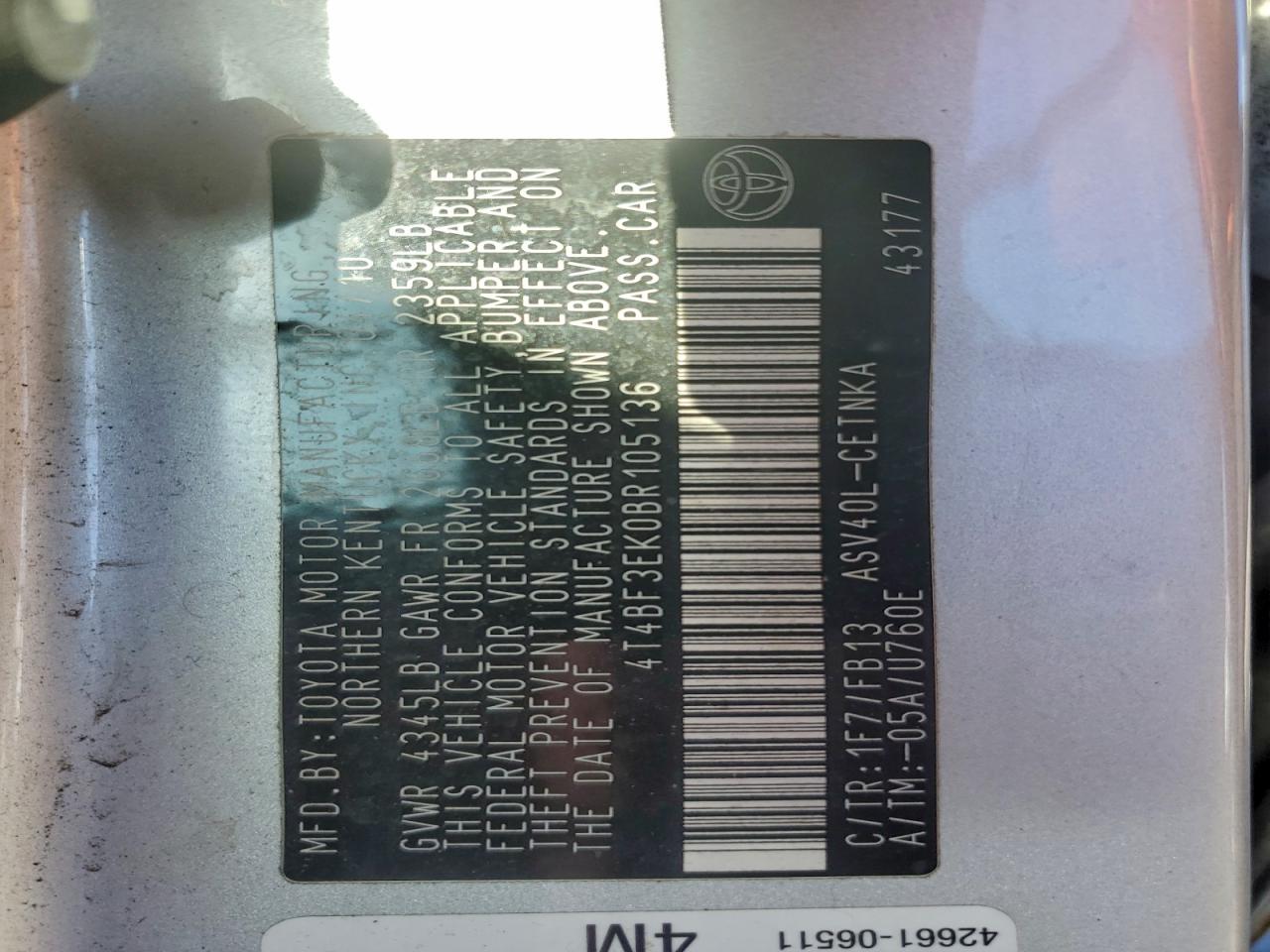2011 TOYOTA CAMRY BASE photo 12