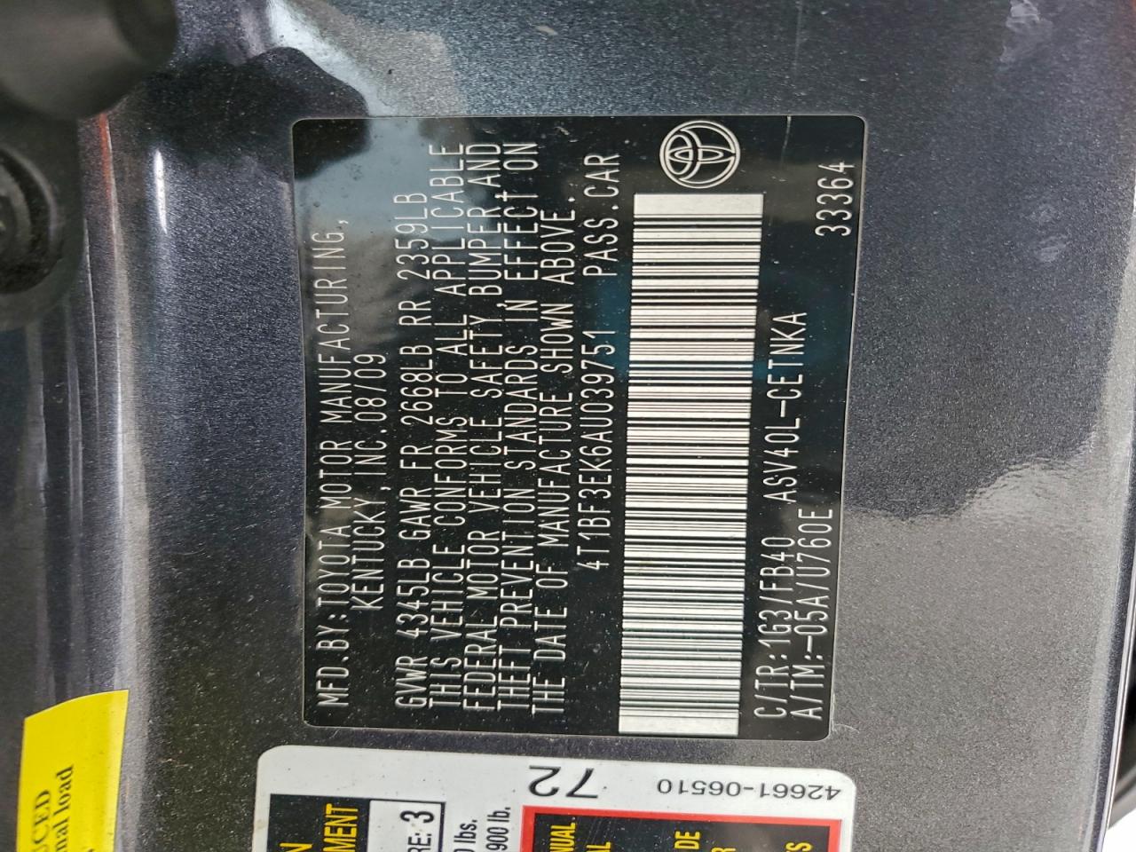 2010 TOYOTA CAMRY BASE photo 12
