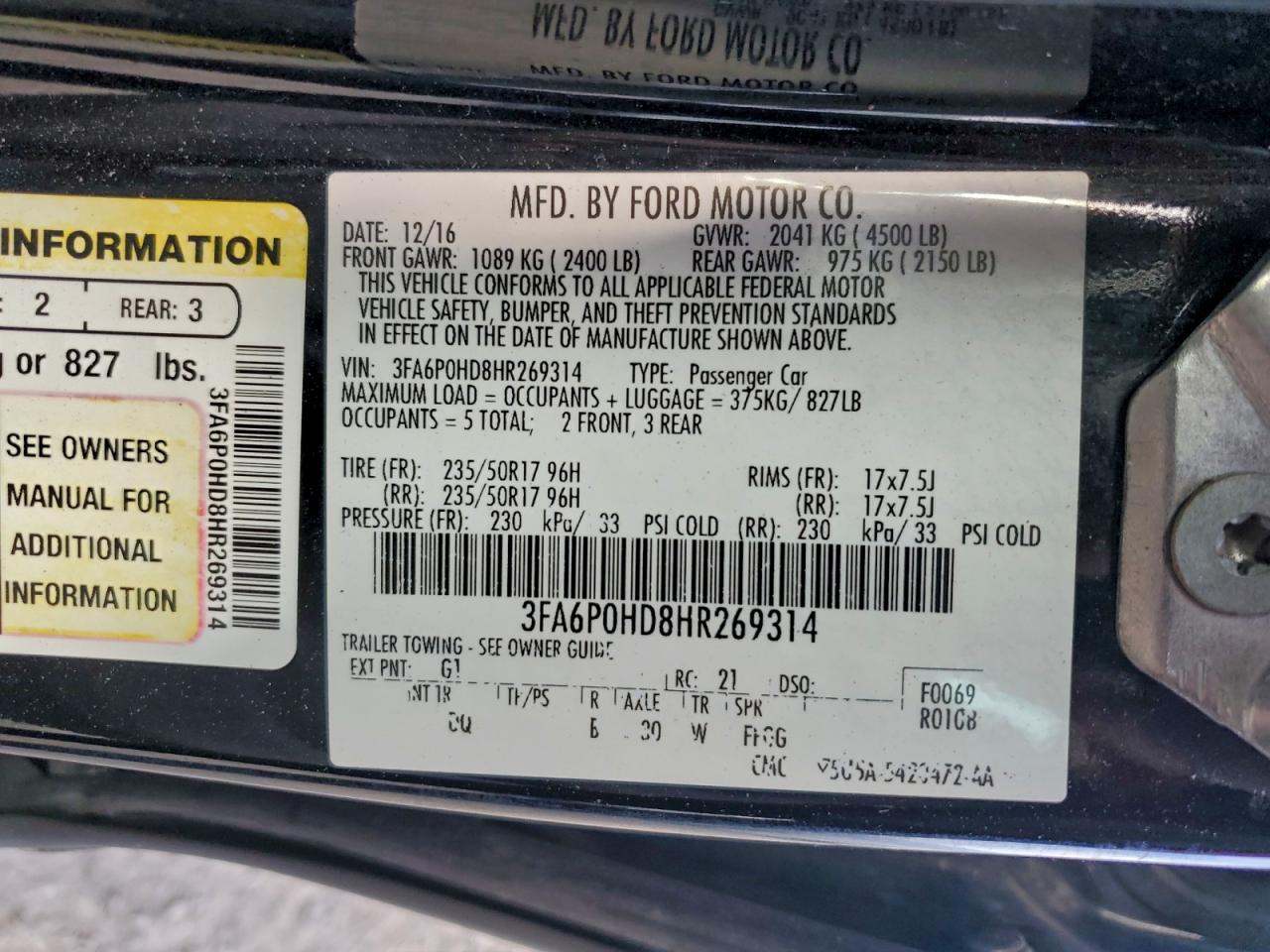 2017 FORD FUSION SE photo 12