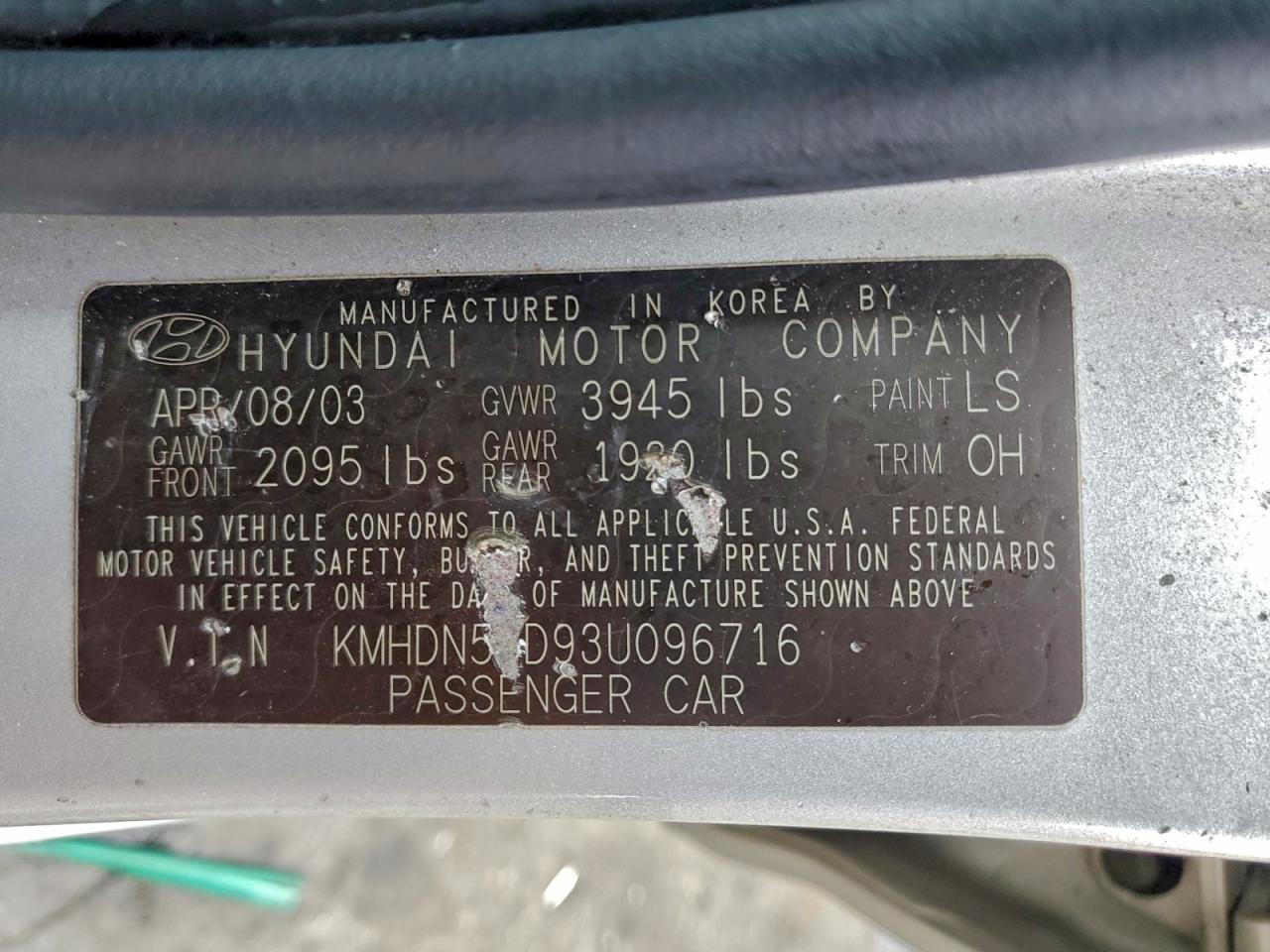 2003 HYUNDAI ELANTRA GLS photo 12