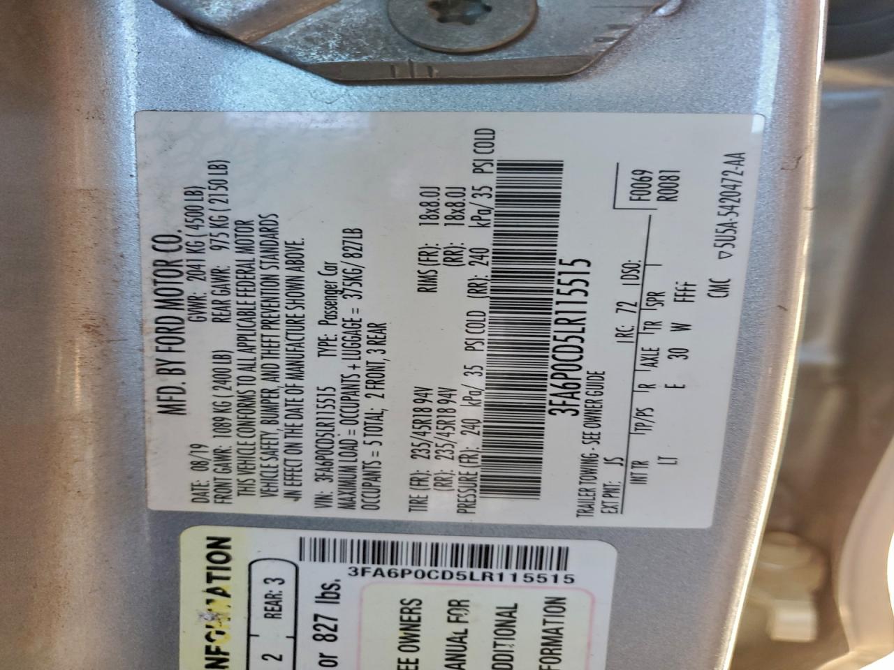 2020 FORD FUSION SEL photo 13