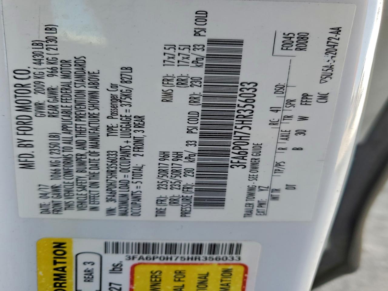 2017 FORD FUSION SE photo 23