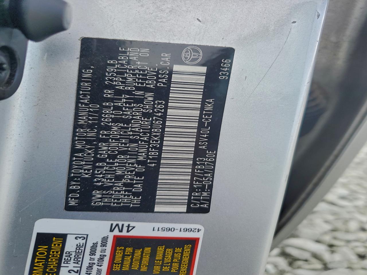 2011 TOYOTA CAMRY BASE photo 12