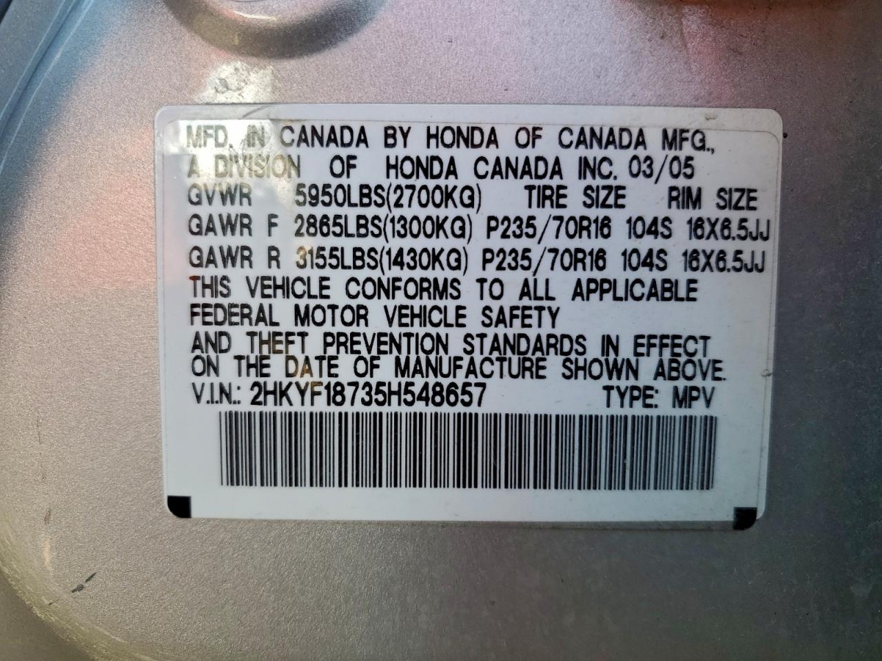 2005 HONDA PILOT EXL photo 13