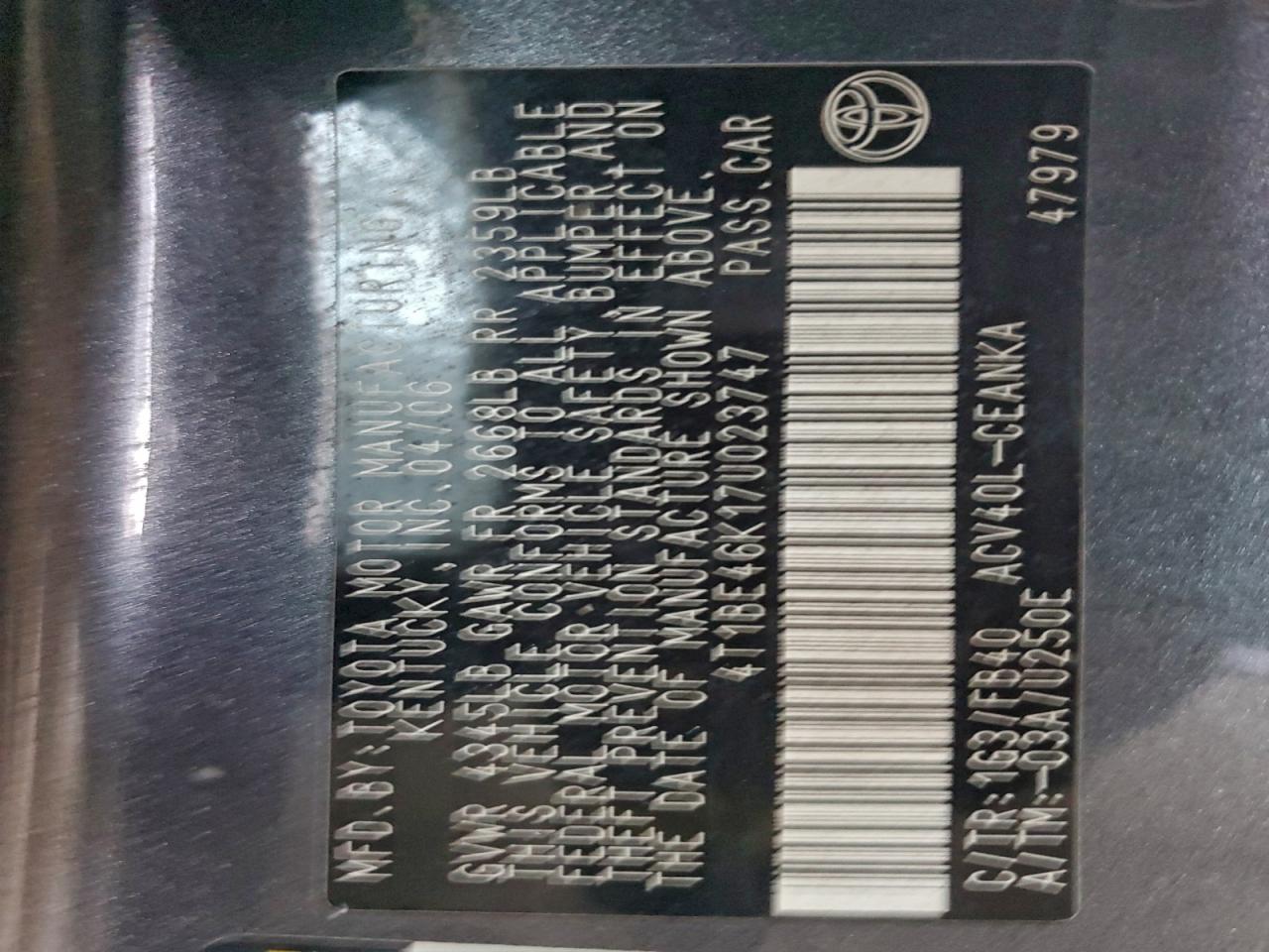 2007 TOYOTA CAMRY CE photo 12