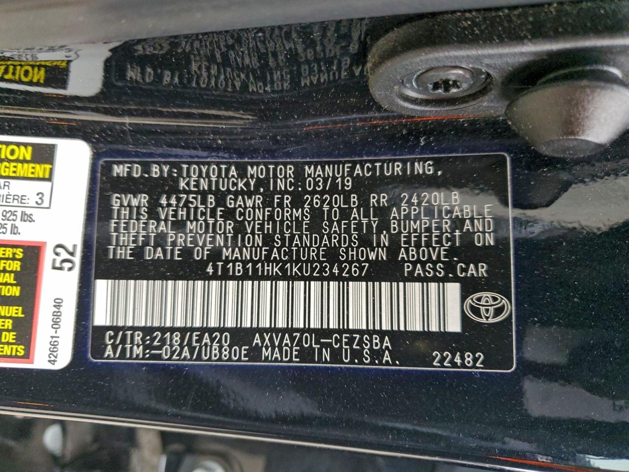 2019 TOYOTA CAMRY L photo 12