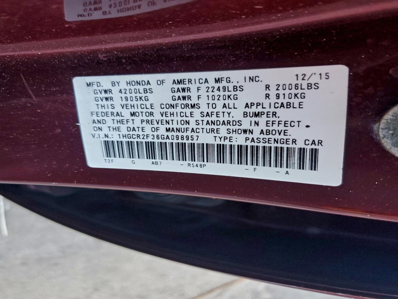 2016 HONDA ACCORD LX photo 12