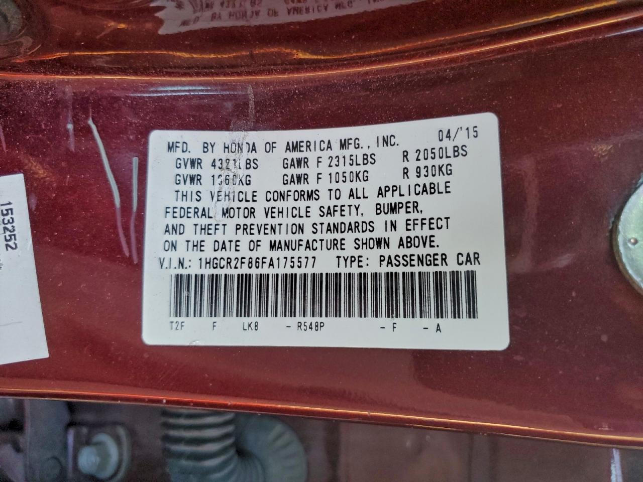 2015 HONDA ACCORD EXL photo 12