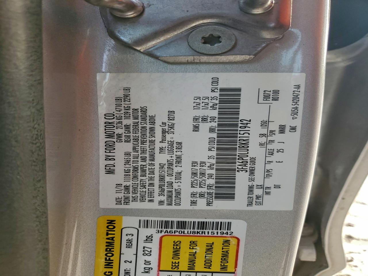 2019 FORD FUSION SE photo 12