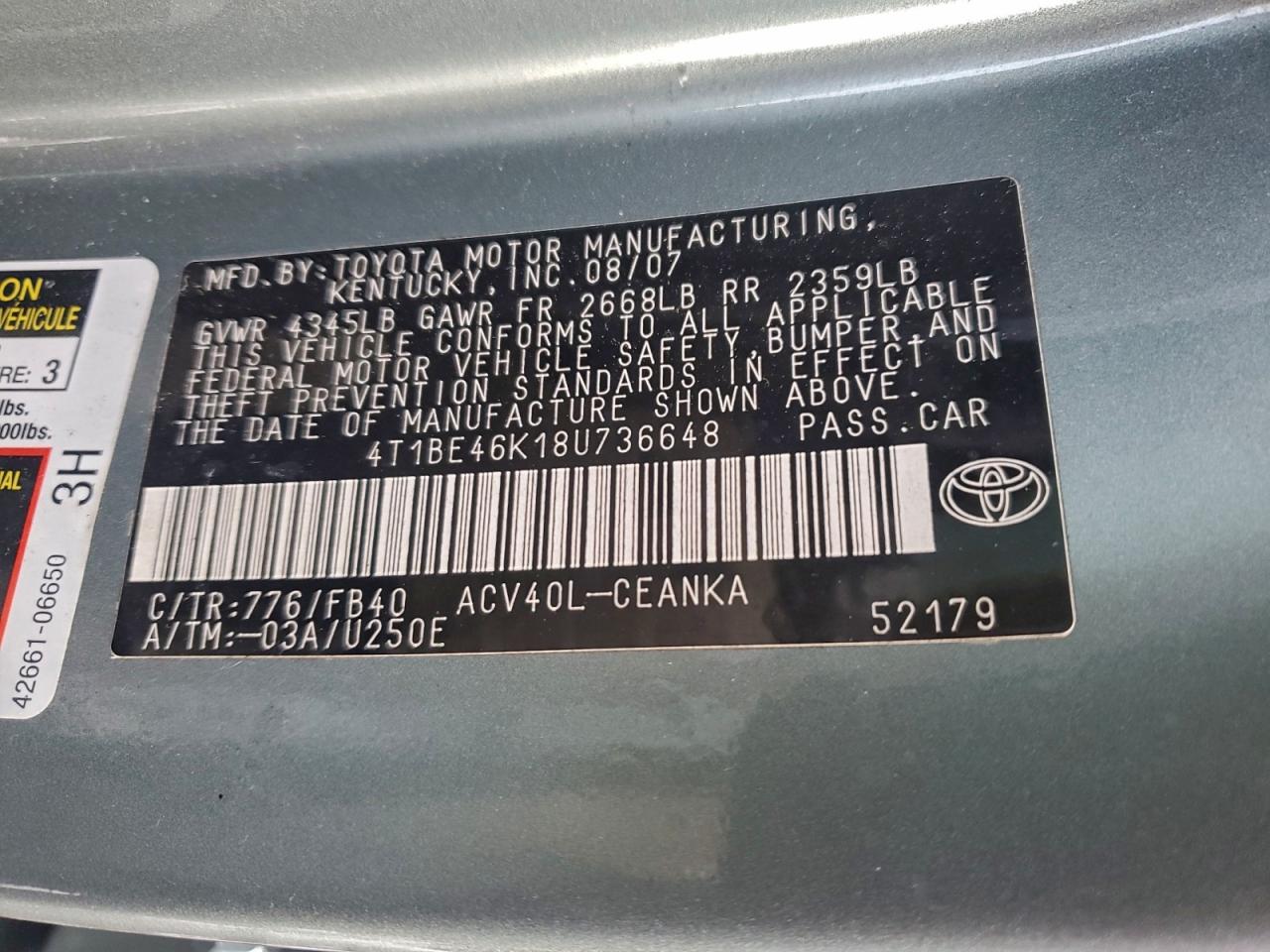2008 TOYOTA CAMRY CE photo 12